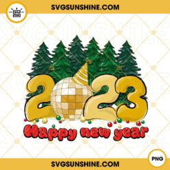 Happy New Year 2023 PNG, Retro New Year PNG, Pine Tree PNG, Disco Ball PNG Design Download