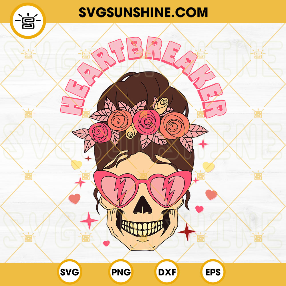 Heartbreaker Skull Valentine SVG, Messy Bun Skull Valentines Day SVG PNG DXF EPS Cut Files
