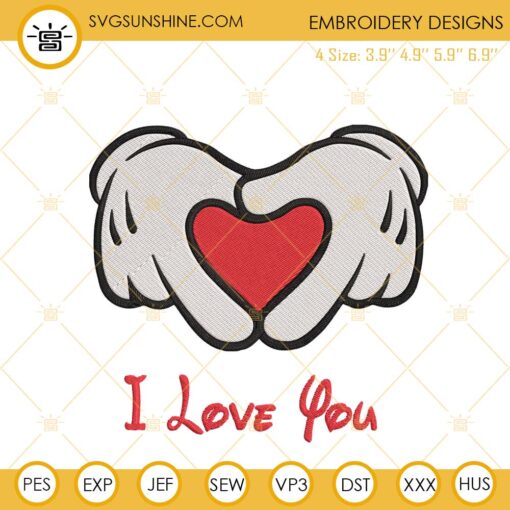 Mickey Mouse Hand Heart I Love You Embroidery File, Disney Valentine’s Day Embroidery Designs