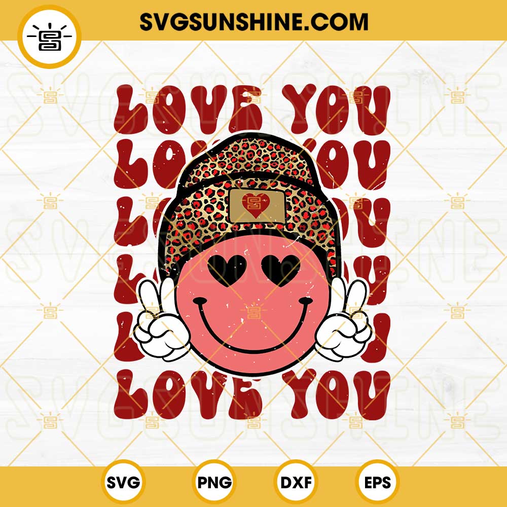 Love You PNG, Smiley Face Leopard Valentines PNG, Retro Valentine PNG, Valentine's day PNG