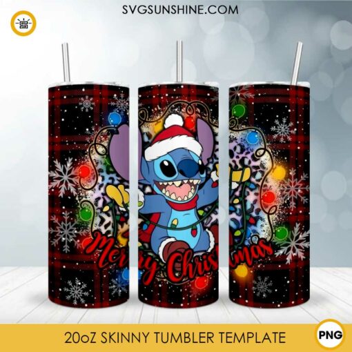 Merry Christmas Stitch Buffalo Plaid 20oz Skinny Tumbler PNG, Stitch Christmas Tumbler PNG File Digital Download