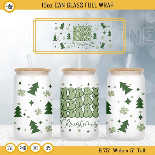 Merry Merry Merry Christmas 16oz Can Glass Full Wrap SVG, Retro Christmas SVG, Merry Christmas Libbey Can Glass SVG