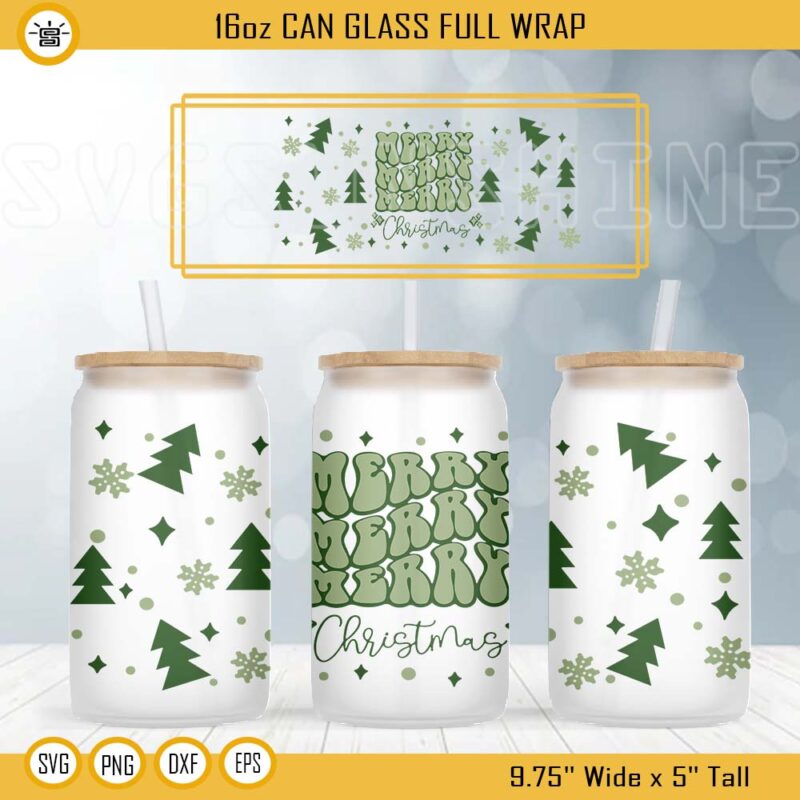 Merry Merry Merry Christmas 16oz Can Glass Full Wrap SVG, Retro