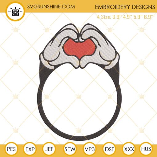 Mickey Hand Heart Ring Embroidery Files, Disney Ring Wedding Embroidery Designs, Valentines Embroidery Files