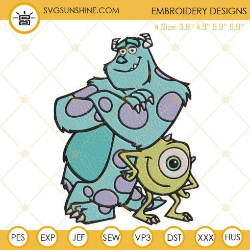 Mike And Sully Monsters Inc Embroidery Designs Files