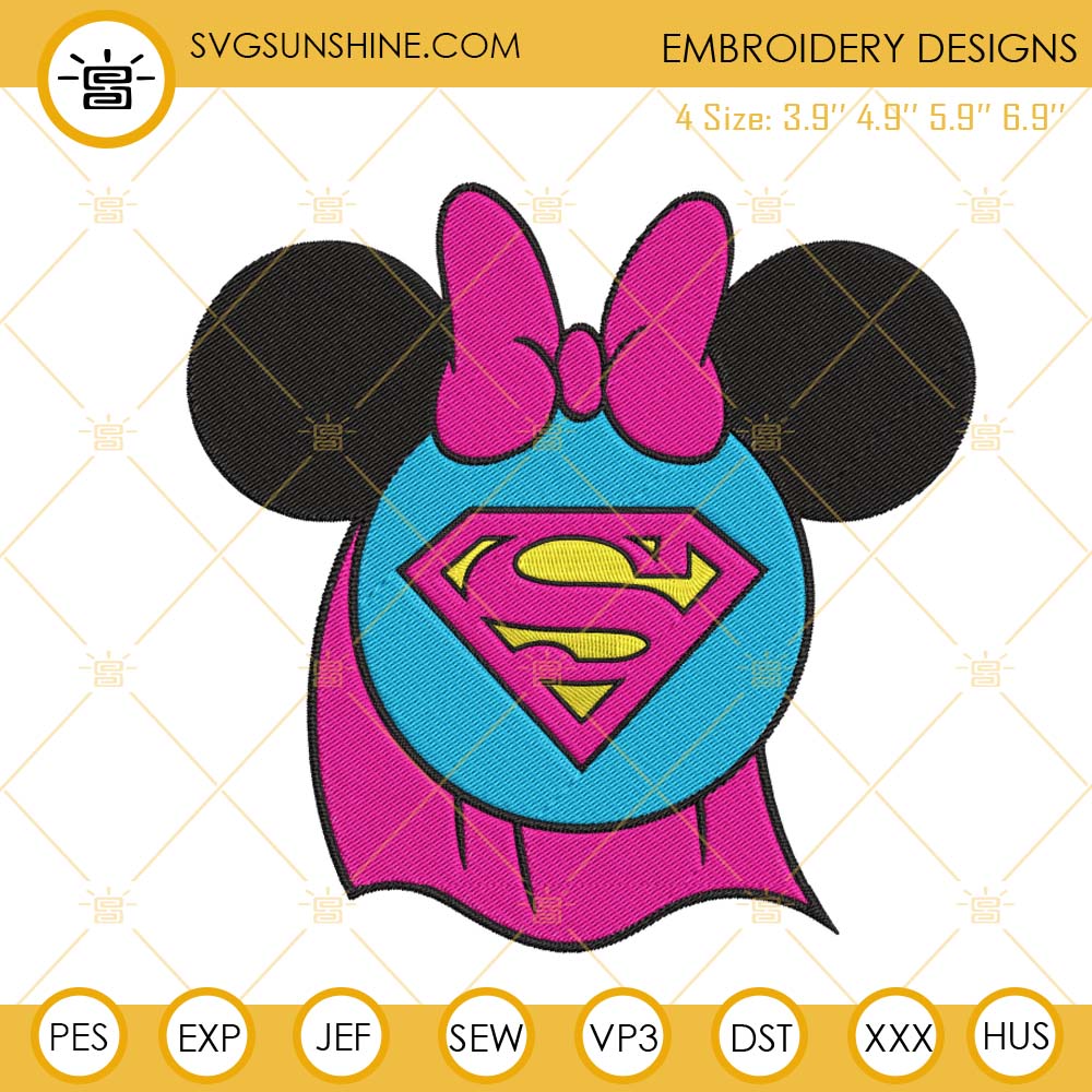 Superman Minnie Mouse Head Embroidery Design, Superhero Embroidery File