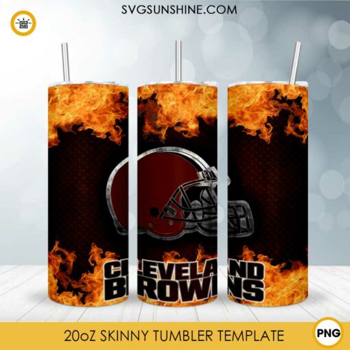 Cleveland Browns Fire And Flame Flare On Metal 20oz Skinny Tumbler Template PNG, Cleveland Browns Tumbler Template PNG File Digital Download