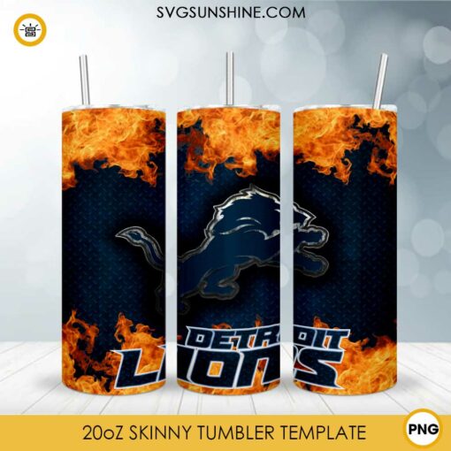 Detroit Lions Fire And Flame Flare On Metal 20oz Skinny Tumbler Template PNG, Detroit Lions Tumbler Template PNG File Digital Download