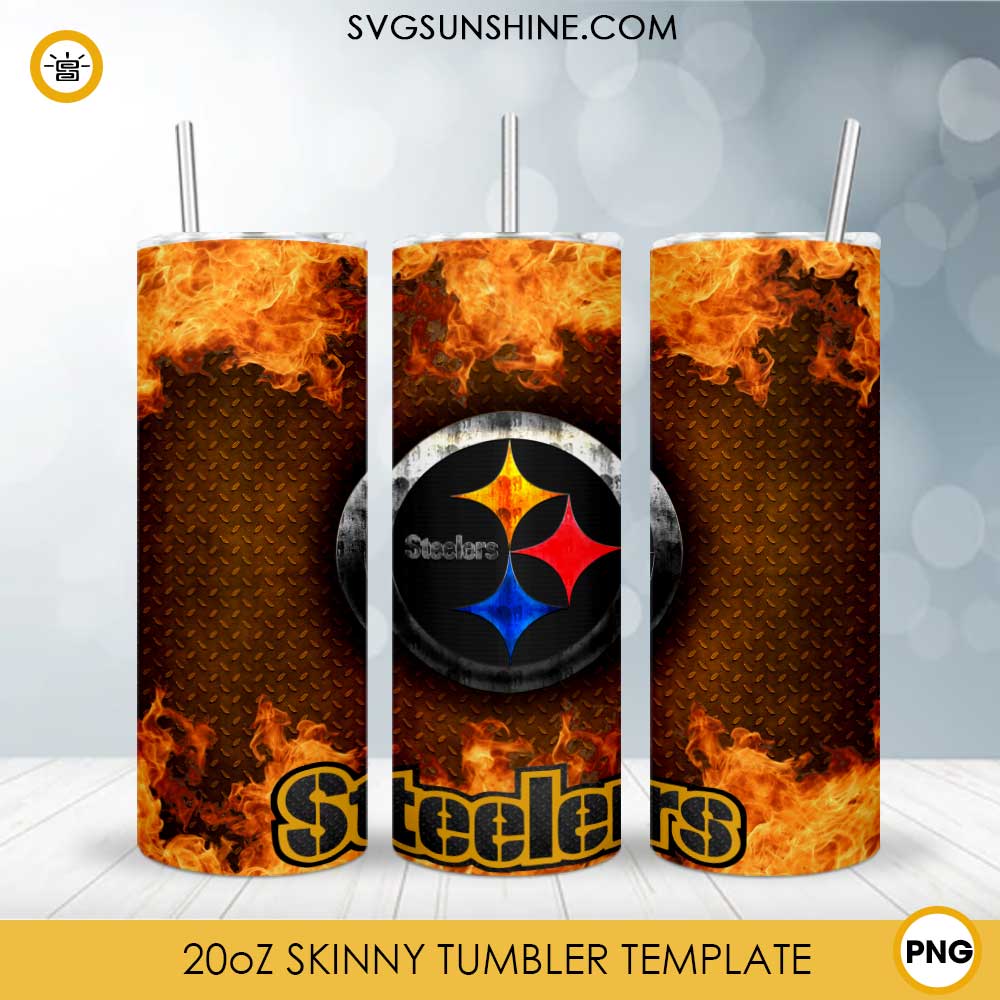 Pittsburgh Steelers Fire And Flame Flare On Metal 20oz Skinny Tumbler Template PNG, Pittsburgh Steelers Tumbler Template PNG File Digital Download