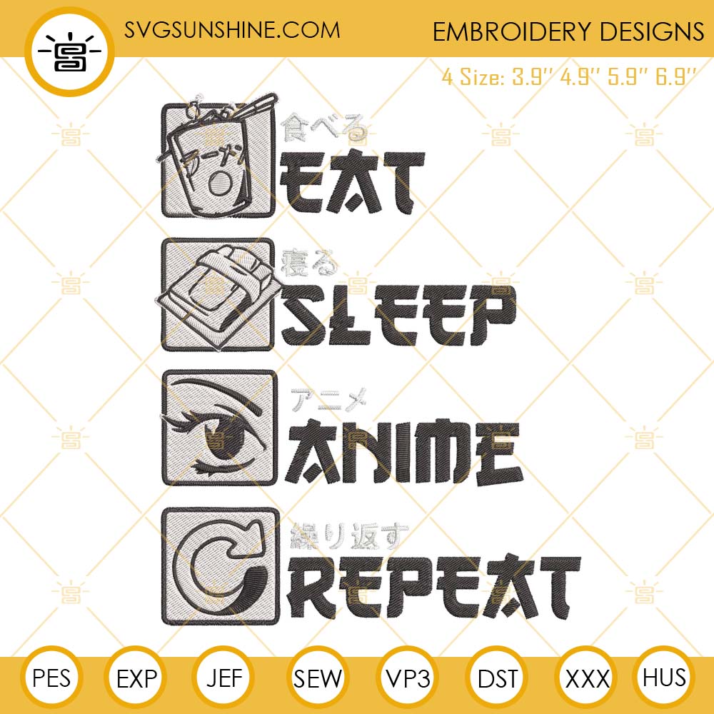 Eat Sleep Anime Repeat Embroidery File, Anime Embroidery Designs