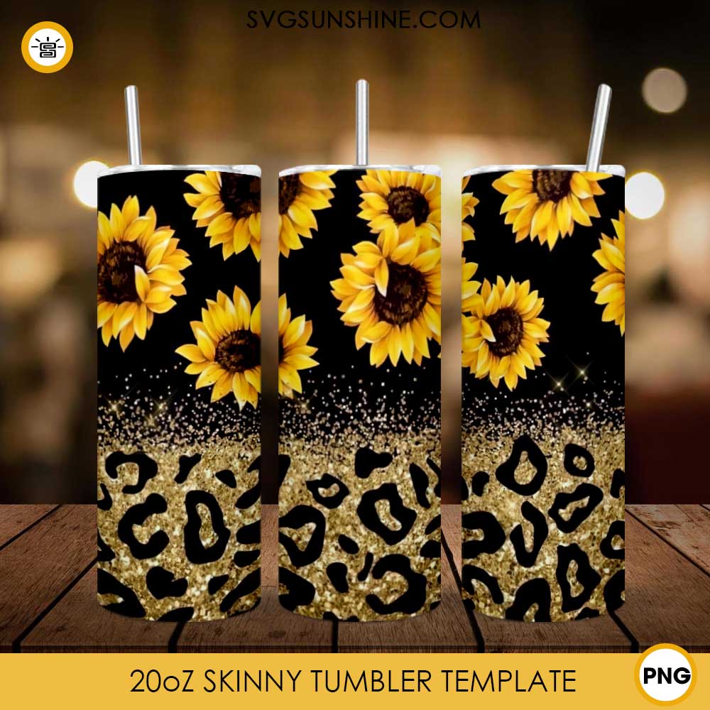 Sunflower Leopard Glitter 20oz Skinny Tumbler Wrap PNG, Tumbler Template PNG Digital Download