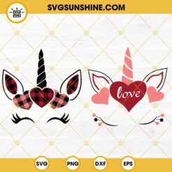 Unicorn Valentine SVG Bundle, Unicorn With Buffalo Plaid Hearts SVG, Unicorn Love SVG