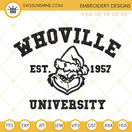 Whoville University Embroidery Design File, Grinch Christmas Embroidery