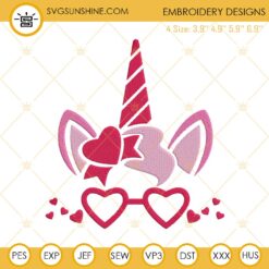 Valentine Unicorn With Heart Glasses Machine Embroidery Design Files