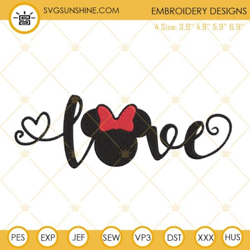 Love Minnie Embroidery Designs, Valentine Minnie Mouse Ears Embroidery Files
