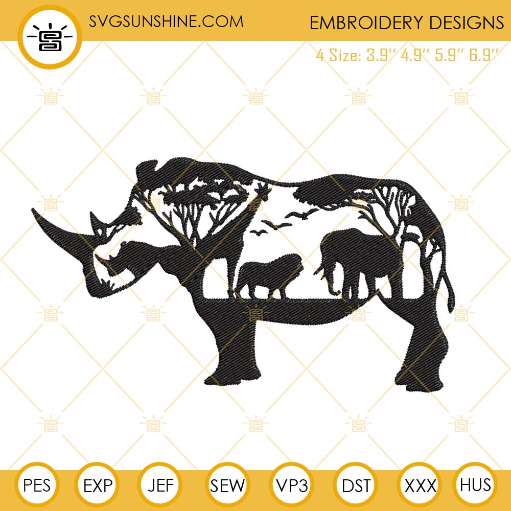 African Rhino Embroidery Designs, Safari Machine Embroidery Files