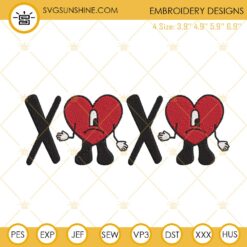 Xoxo Bad Bunny Heart Embroidery Files, Benito Valentine Machine Embroidery Designs