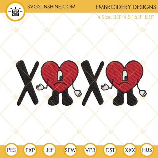 Xoxo Bad Bunny Heart Embroidery Files, Benito Valentine Machine Embroidery Designs