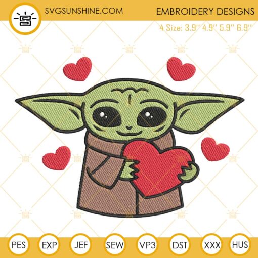 Baby Yoda With Heart Embroidery Designs, Star Wars Valentine Embroidery Files