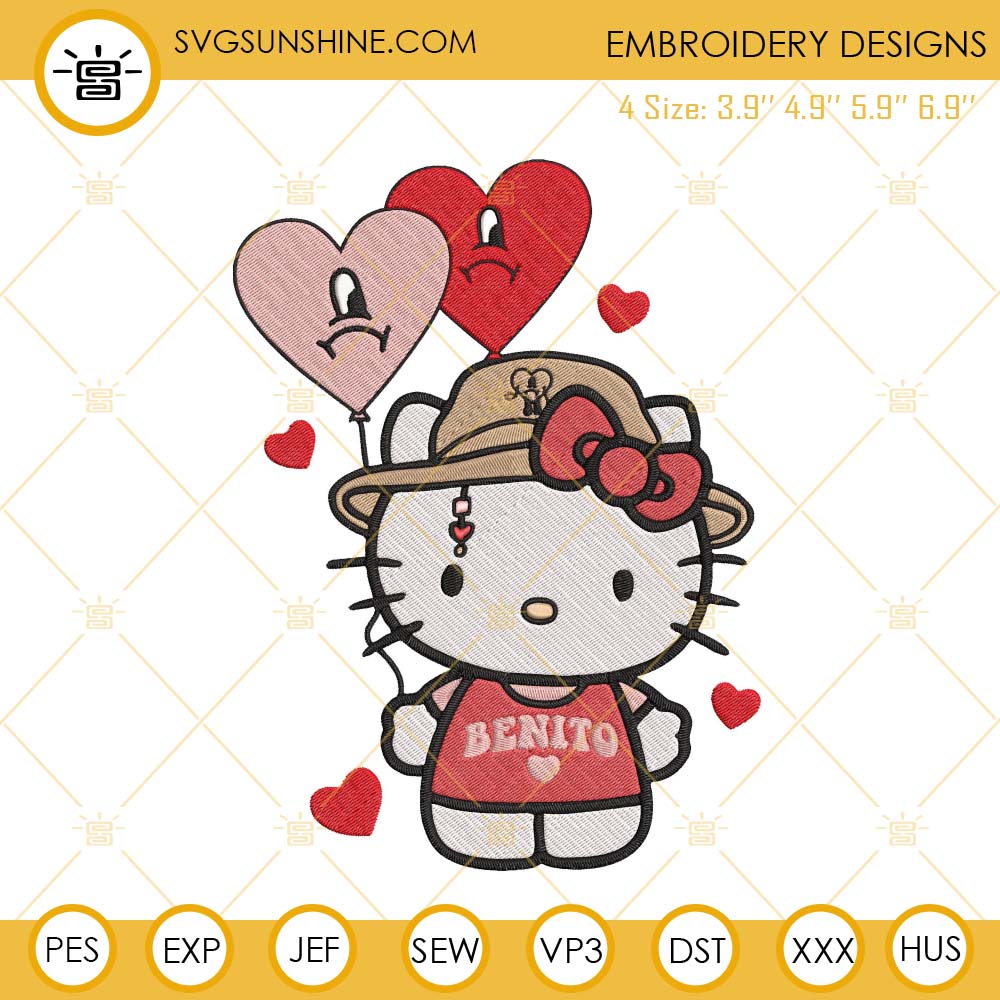 Hello Kitty Baby Benito Embroidery Designs, Hello Kitty Bad Bunny Valentine Embroidery Files