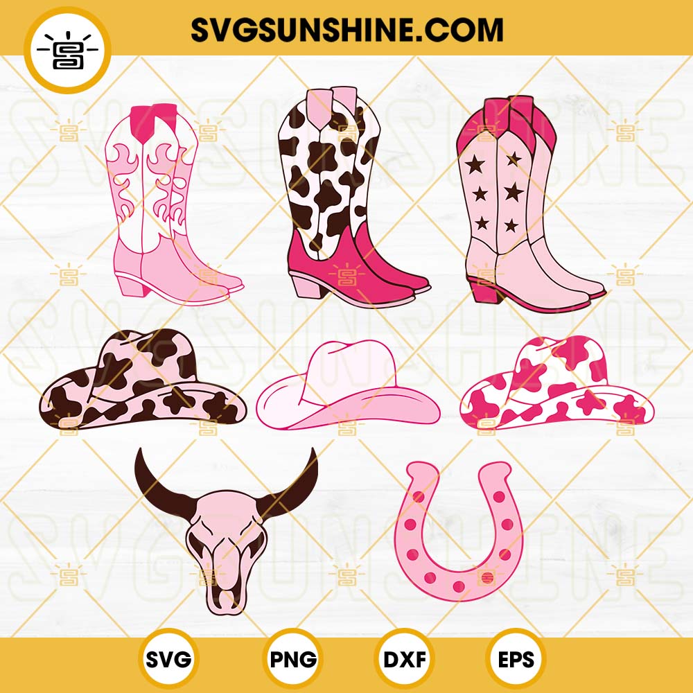 Cowgirl SVG Bundle, Cowgirl Hat SVG, Cowgirl Boots SVG, Horseshoe SVG, Bull Skull SVG, Western SVG PNG DXF EPS