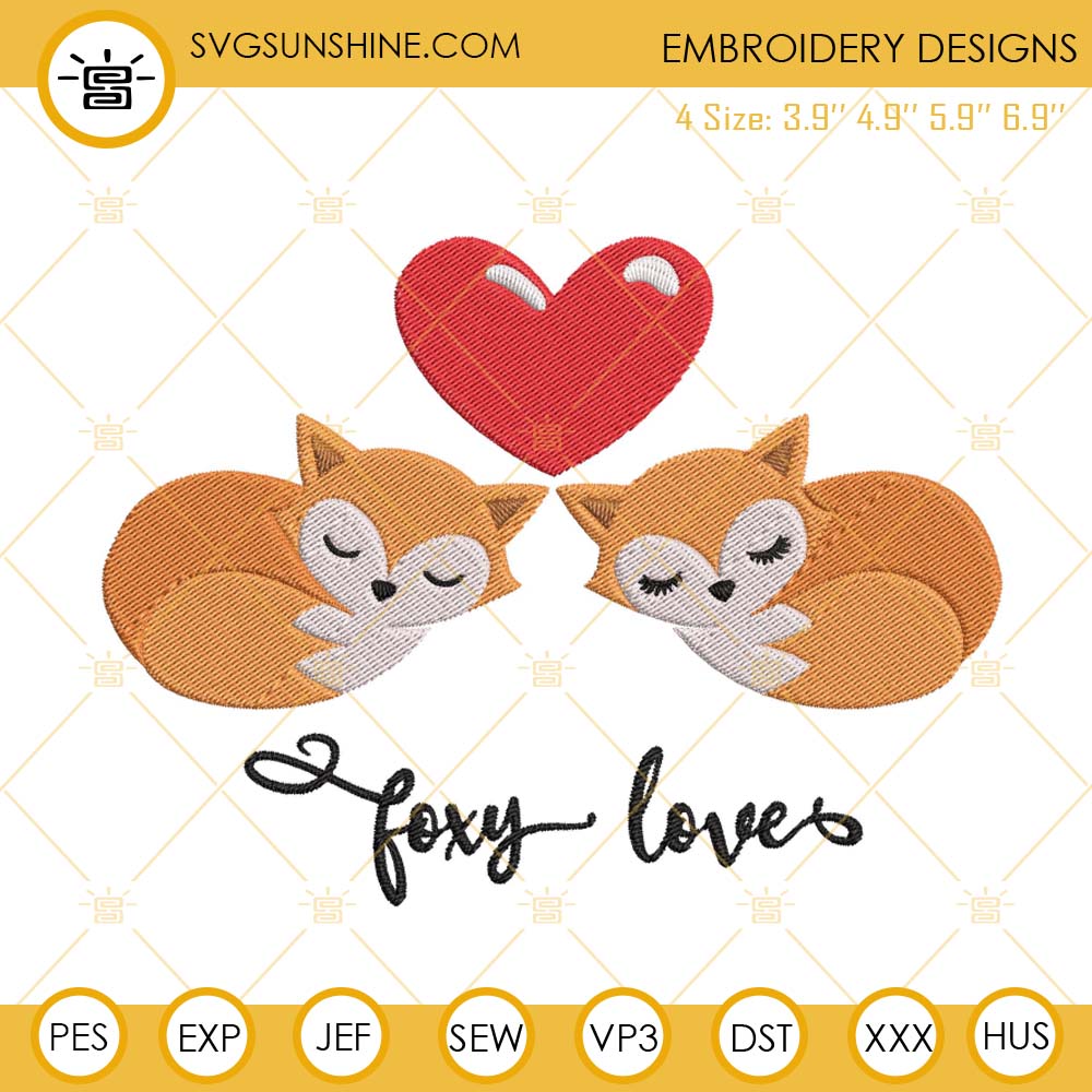 Foxy Loves Embroidery Designs, Valentine Fox And Heart Embroidery Files