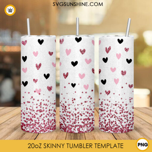 Glitter Hearts 20oz Skinny Tumbler Sublimation Design, Valentine Tumbler PNG