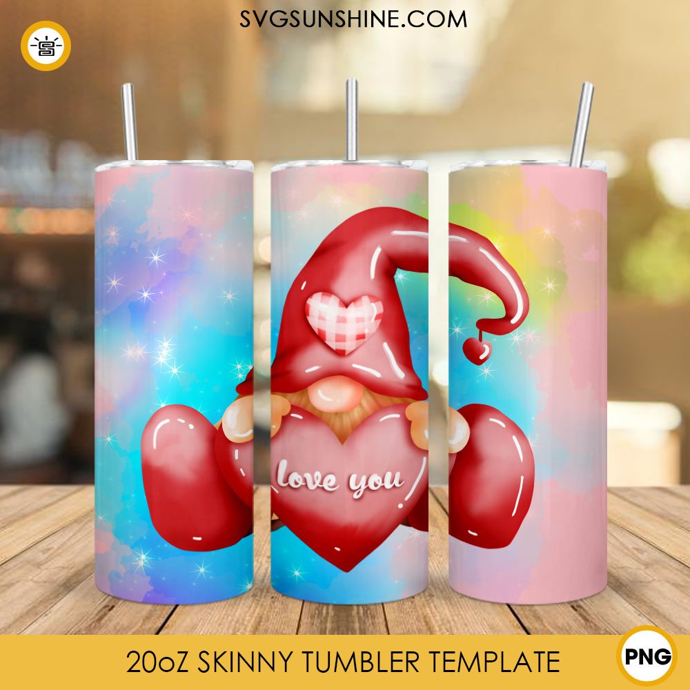Gnome Valentine Love You Heart 20oz Skinny Tumbler PNG Designs