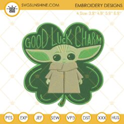 Good Luck Charm Embroidery Design, Baby Yoda St Patricks Day Embroidery File