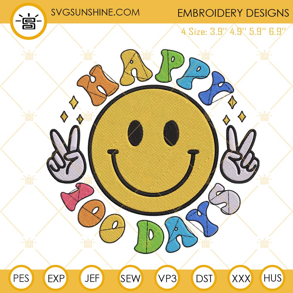Happy 100 Days Embroidery Files, Smiley Face Embroidery Designs