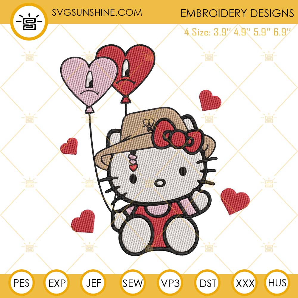 Hello Kitty Bad Bunny Heart Embroidery Files, Bad Bunny Valentine Machine Embroidery Designs