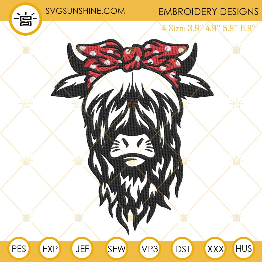 Highland Cow With Bandana Embroidery Designs, Cow Embroidery Design Files