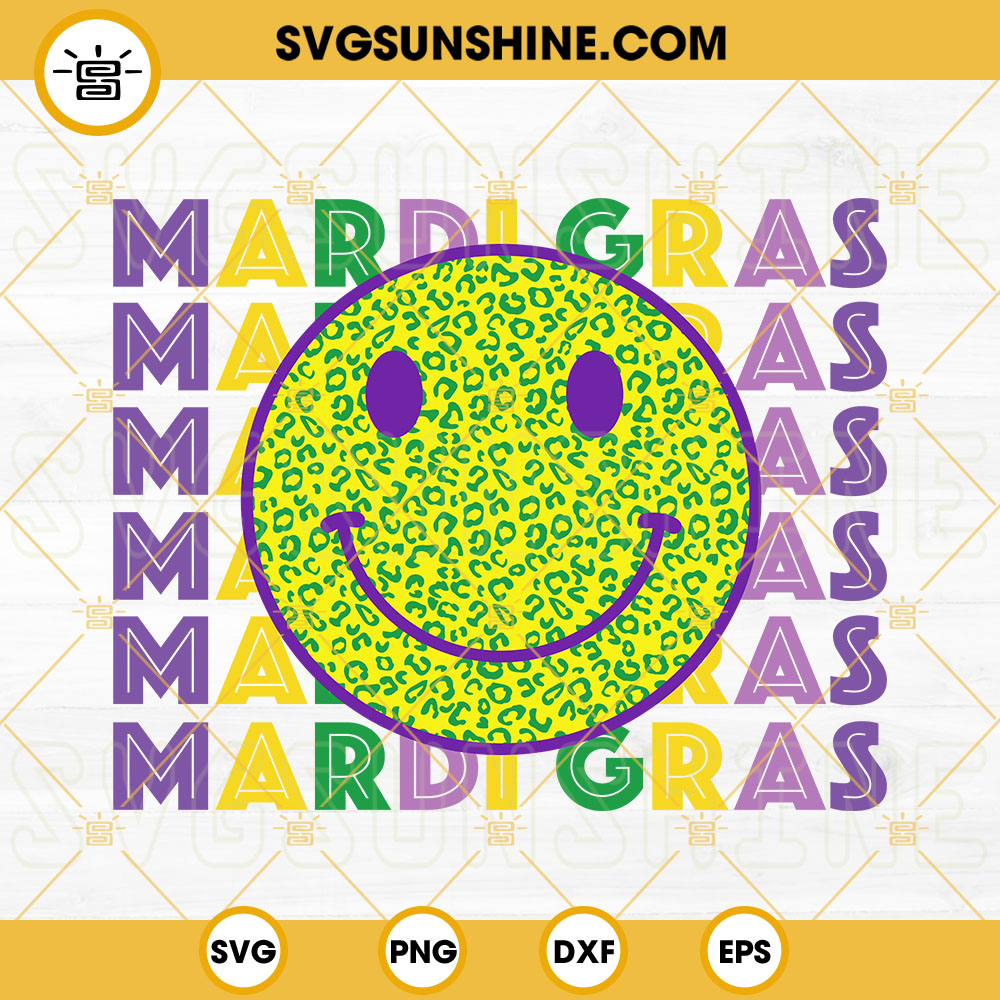 Mardi Gras Smiley Face SVG, Leopard Happy Face SVG, Retro Mardi Gras SVG PNG DXF EPS Cut Files