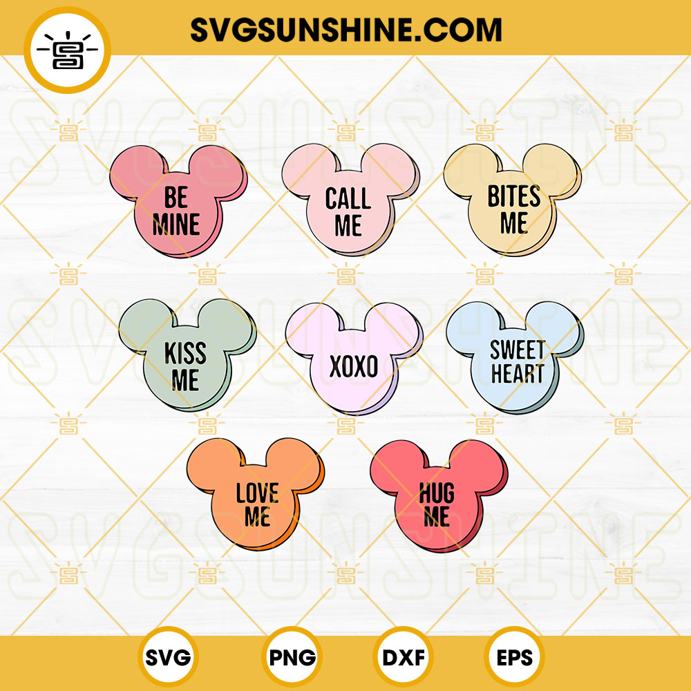 Mickey Candy Hearts SVG, Mickey Mouse Valentines SVG, Conversation Hearts SVG File