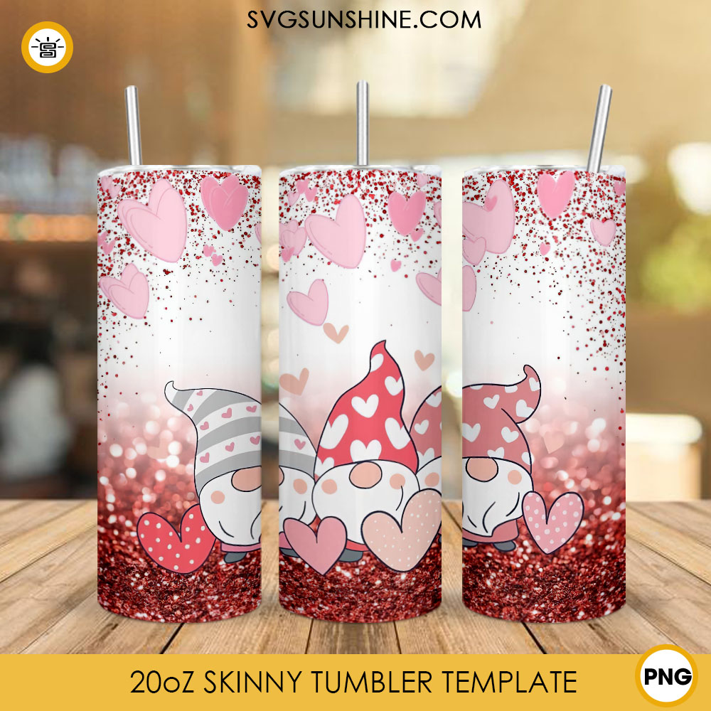 Pink Valentine Heart Gnomes 20oz Skinny Tumbler Wrap Sublimation, Valentines Day Tumbler Designs
