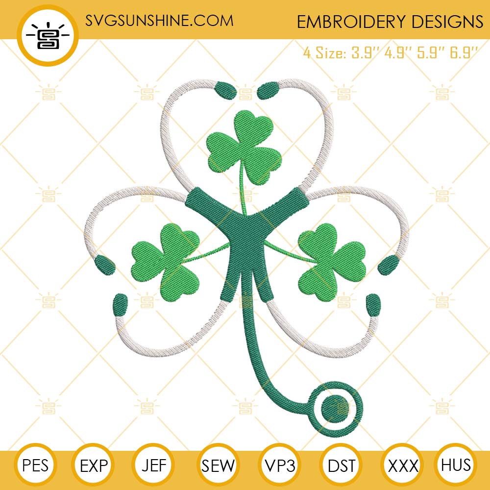 Stethoscope Shamrock Embroidery Design, St Patricks Nurse Embroidery File