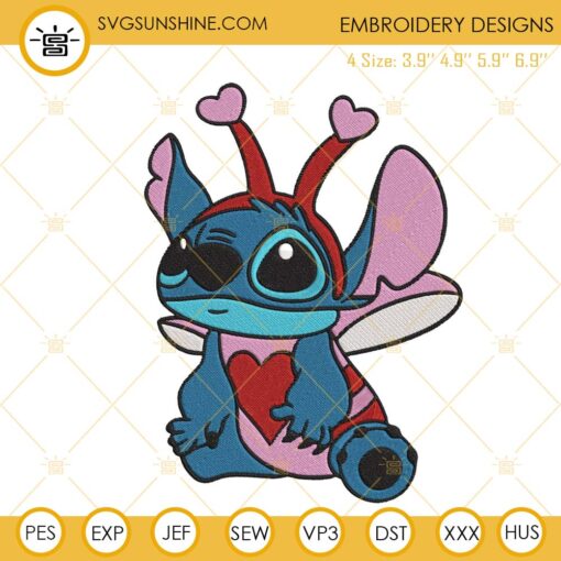 Stitch Love Bug Embroidery Designs, Stitch Valentine Embroidery Files