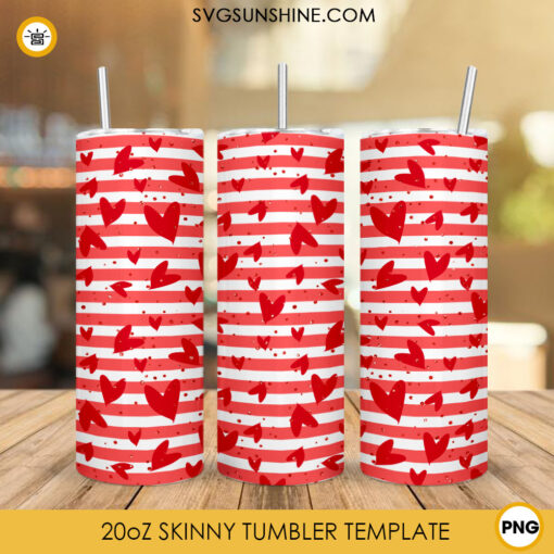 Stripes And Hearts Tumbler Wrap PNG, Valentines Day 20oz Skinny Tumbler Sublimation Design
