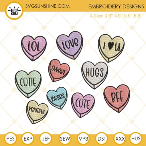 Candy Hearts Embroidery Design, Conversation Hearts Embroidery File