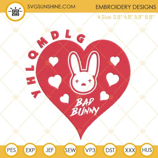 Bad Bunny Heart Embroidery Files, Bad Bunny Valentine Machine Embroidery Designs