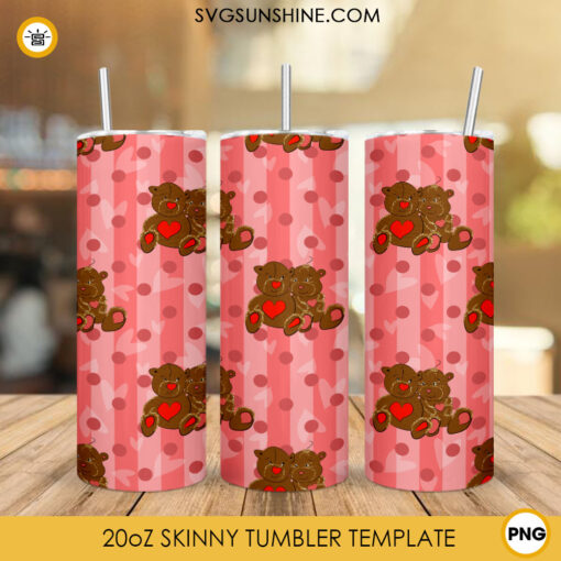 Valentine’s Day Bear Couple 20oz Skinny Tumbler Sublimation Design, Cute Valentines Tumbler Wrap PNG