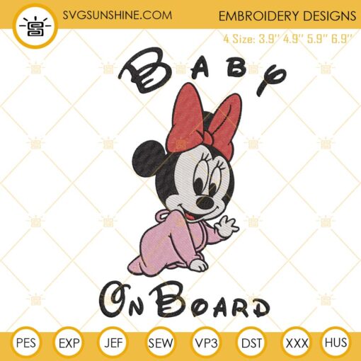 Baby On Board Minnie Embroidery Design Files, Disney Baby Machine Embroidery