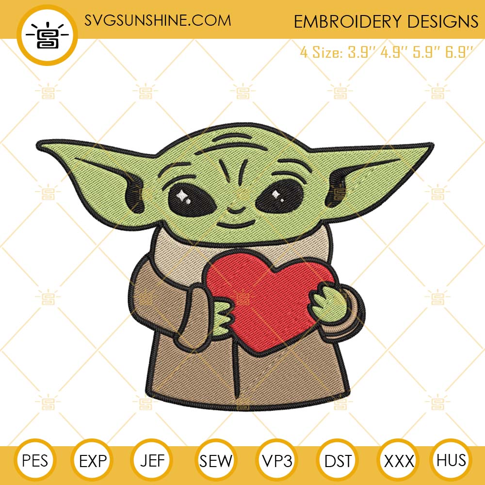 Baby Yoda And Heart Machine Embroidery Designs, Star Wars Valentines Day Embroidery Files