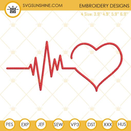 Heartbeat Embroidery Design Files, Valentine’s Day Embroidery Digital Download