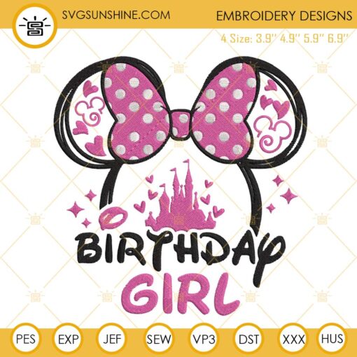 Birthday Girl Embroidery Design, Minnie Castle Embroidery File