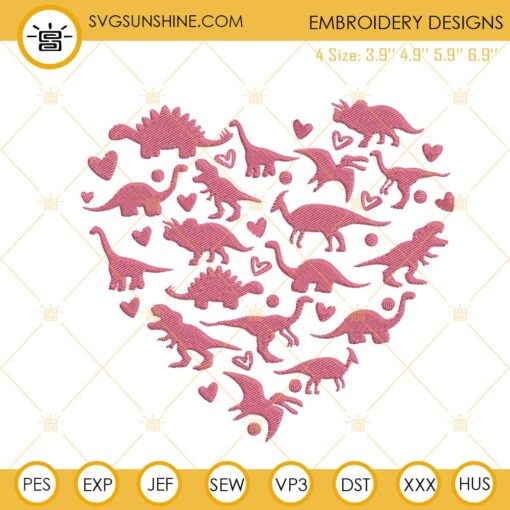 Dinosaur Heart Embroidery Design, Valentine's Day Embroidery File