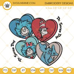 Dr Seuss Day Conversation Hearts Embroidery Files, Cat In The Hat Embroidery Designs