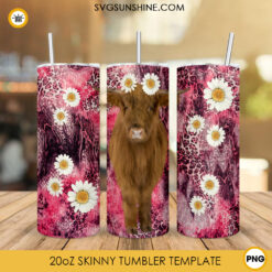 Highland Cow Daisy 20oz Tumbler Wrap, Leopard Pink Background Tumbler Design PNG