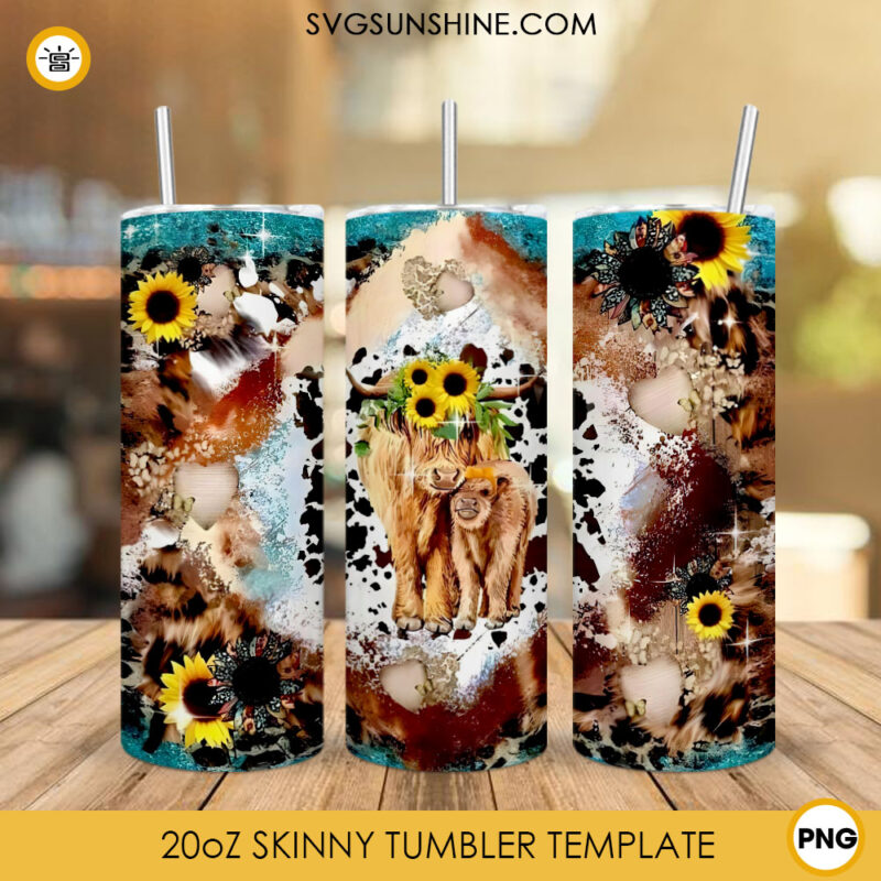 Cute Highland Cow Flowers 20oz Skinny Tumbler Wrap PNG, Highland Cattle ...