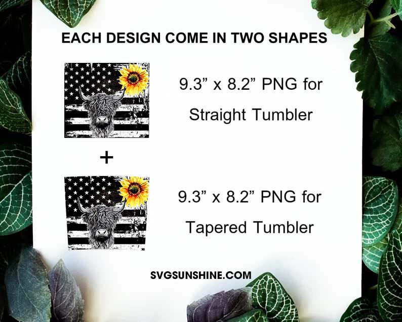 Highland Cow USA Flag 20oz Tumbler Wrap PNG, Sunflower Tumbler Design Digital File